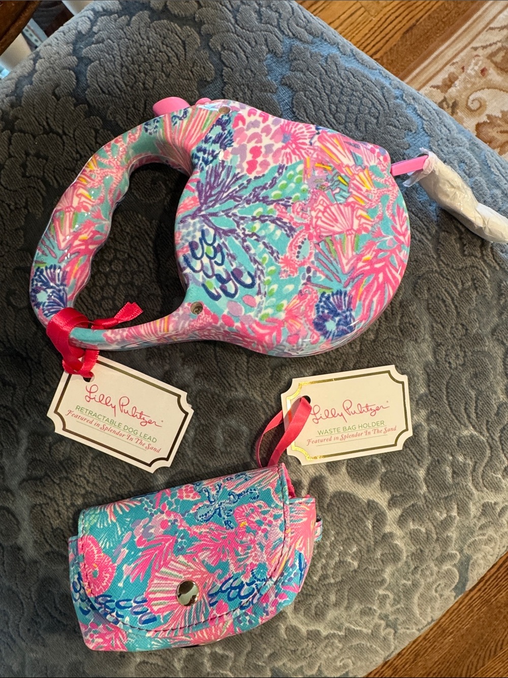 Lilly Pulitzer Pink & Aqua Floral Retractable Dog Leash with Waste Bag Holder